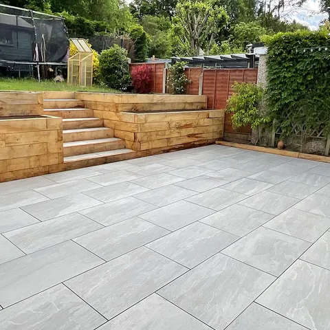 Patio installation with porcelain paving slabs